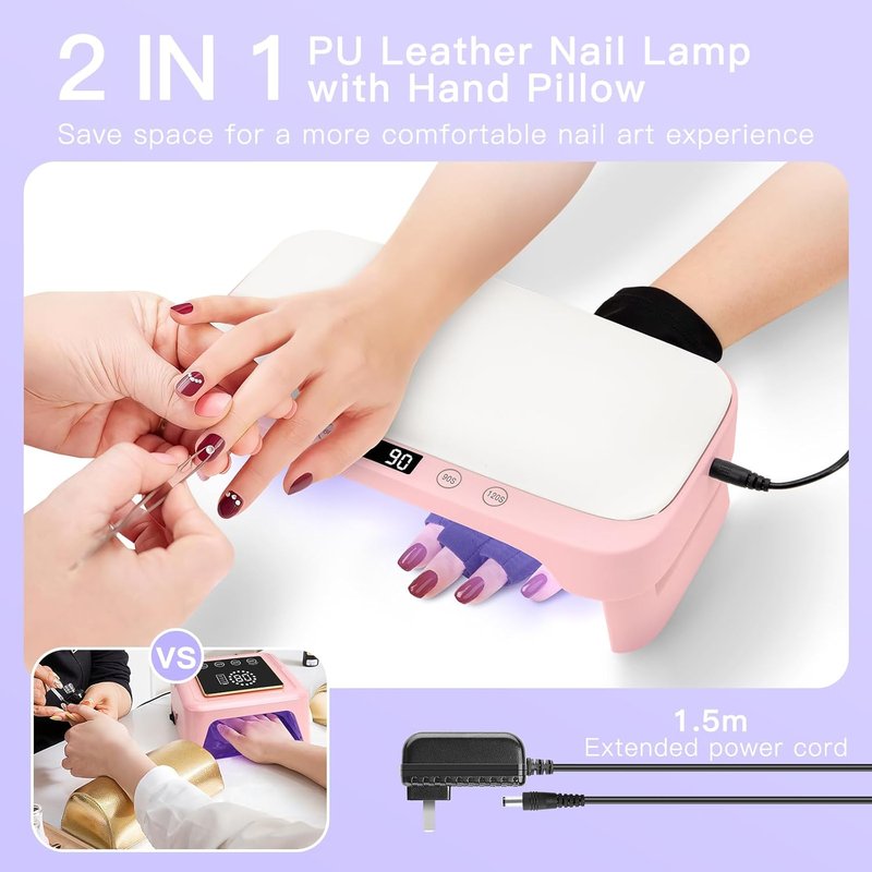 UV Nail Lamp - Professional LED Nail Light for Gel Polish | Foldable Design with Arm Rest & UV Gloves - Pink