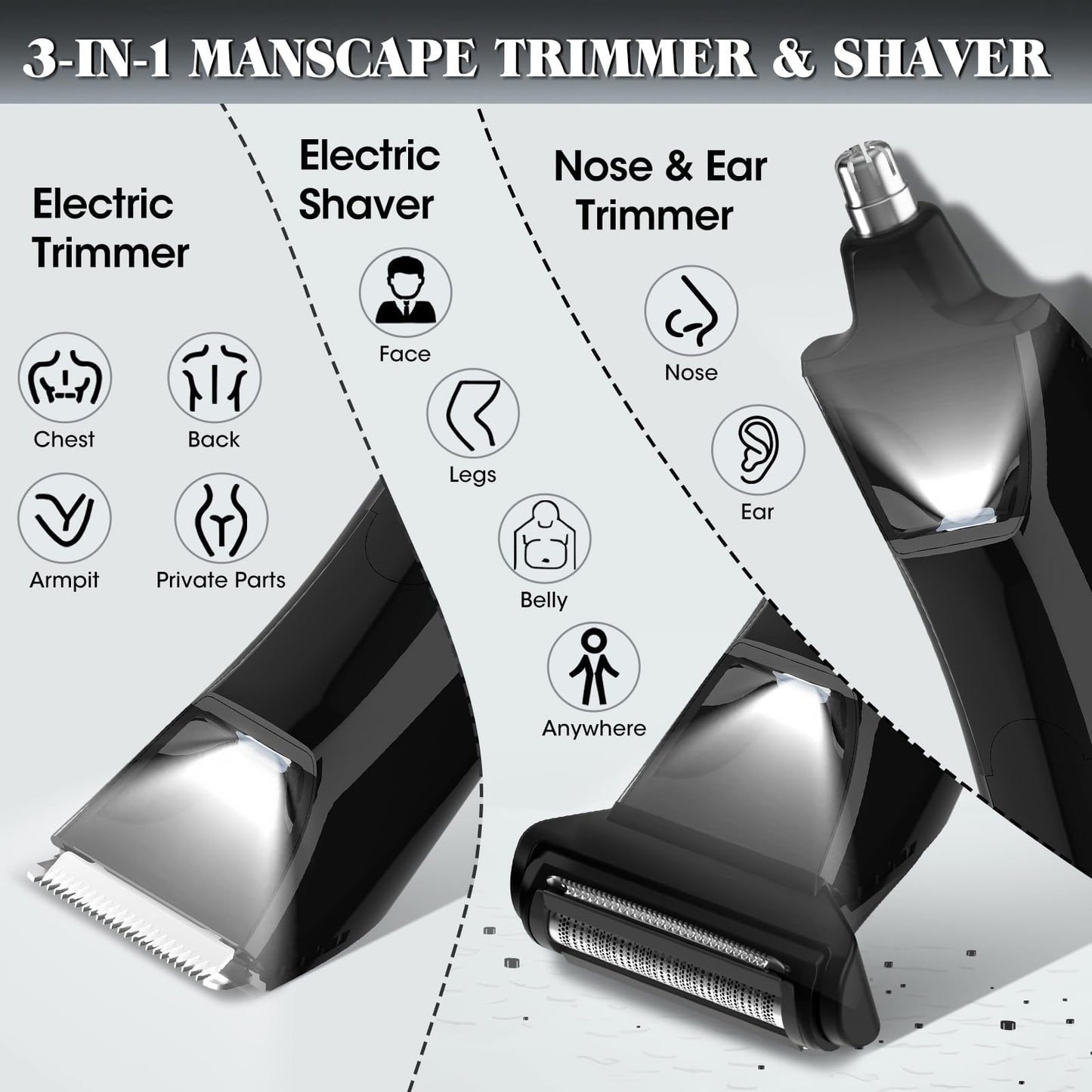 QREEYX Beard Trimmer for Men Groin & Body Hair Trimmer, Nose & Ear Clipper Head Razors for Bald Men, 5 in 1 Waterproof Manscape Kit with Travel Case, LED Display, Grooming Kit Gift for Him