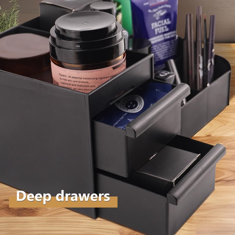 Decorcode Black Vanity Organizer with Drawers – Large Mens Countertop Storage Box for Cologne, Skincare, Makeup, Perfume – Waterproof Dresser Organizer for Bathroom, Bedroom, Desk