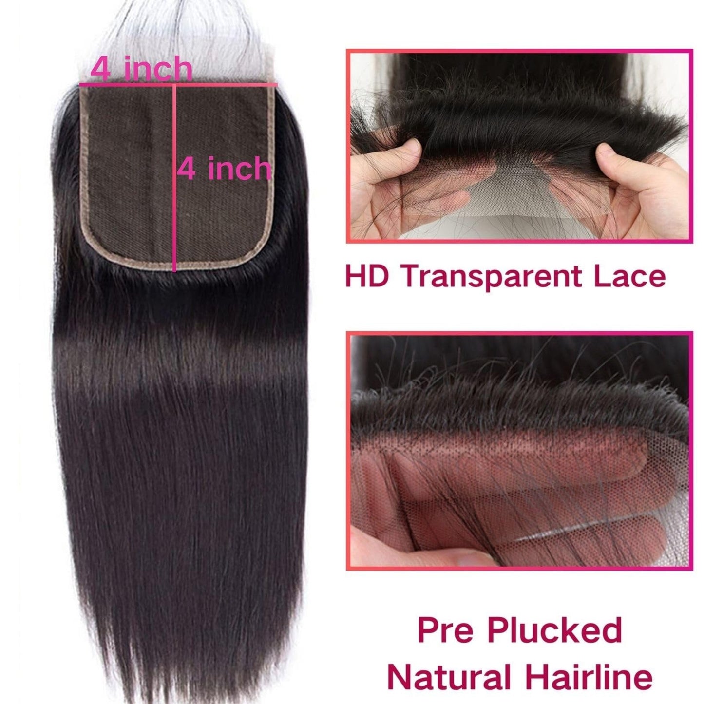 4x4 Transparent HD Lace Closure Human Hair Straight Frontal Closure Invisible Pre Plucked Human Hair, Frontal Hd Lace 4x4 Sew in Hair With Closure Natural Black 16 Inch