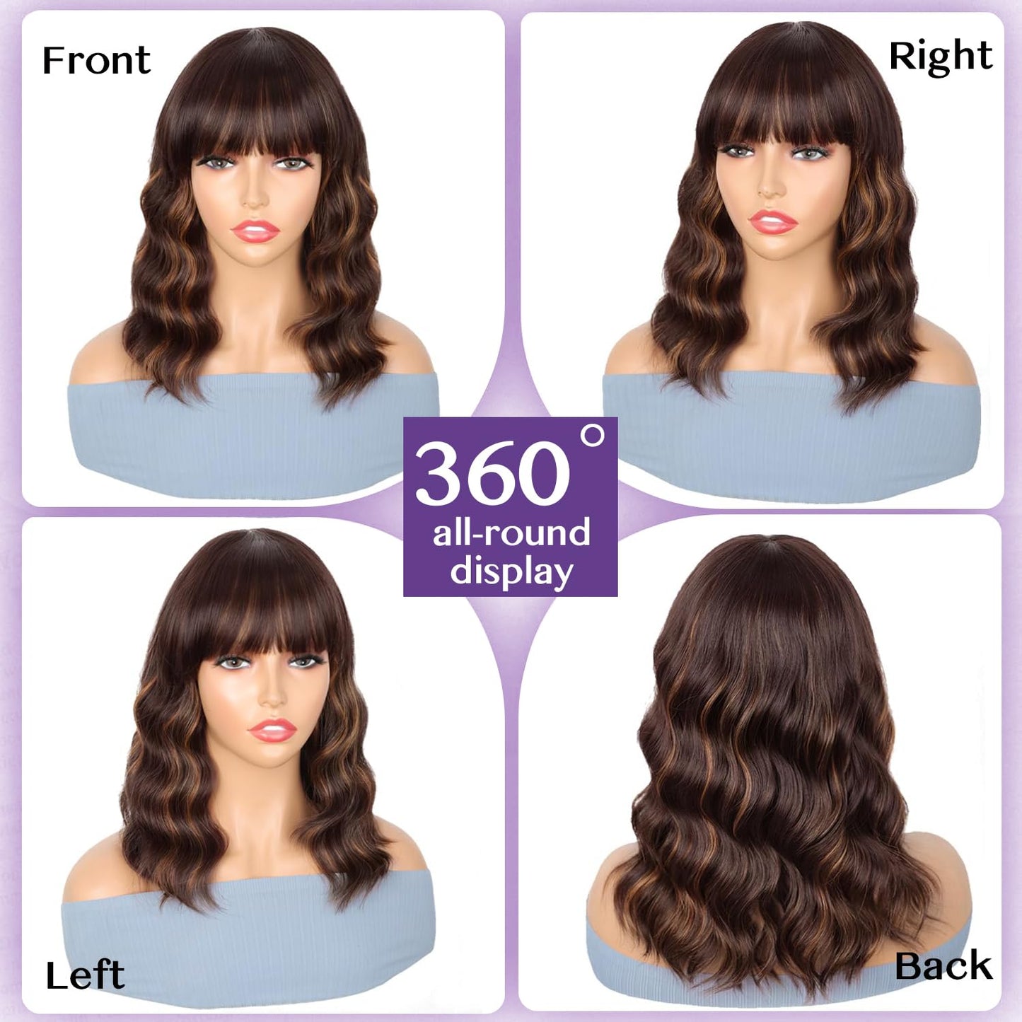 ENTRANCED STYLES Short Curly Wavy Wigs with Bangs Brown Highlight Wigs for Women Shoulder Length 14inch Bob Wigs Synthetic Heat Resistant Hair for Daily Party Use