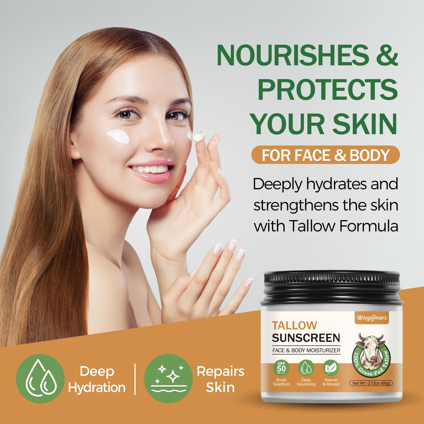Wagomars Beef Tallow Sunscreen SPF 50 - Mineral Sunscreen with Zinc Oxide - Non-Toxic Natural Sunblock for Face & Body - Water Resistant, Reef Safe, Moisturizing for Dry and Sensitive Skin