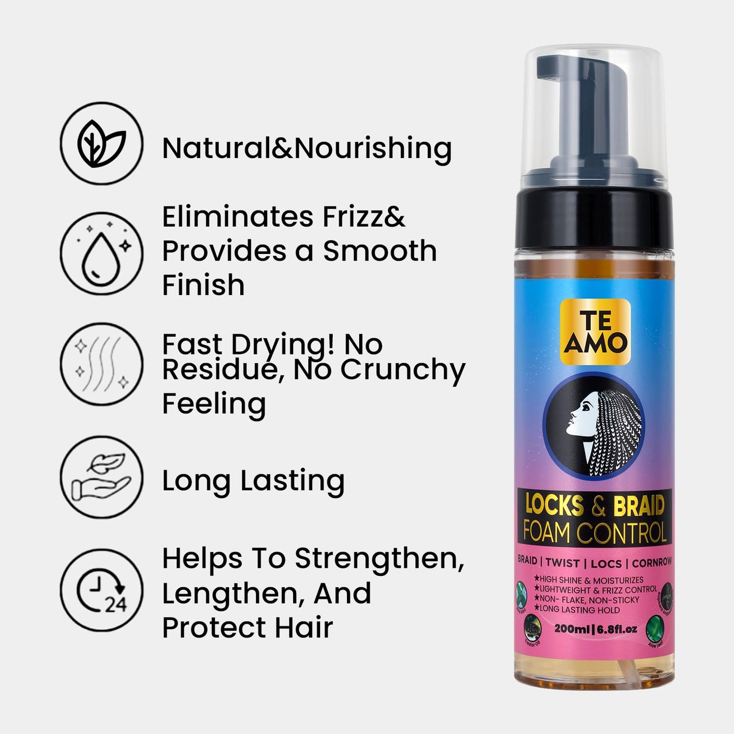 Te Amo Locks & Braid Foam Control – Long-Lasting Braid Foam for braiding | No Frizz or Fraying | Moisturizes & Seals Braids, Locs, Twists & Cornrows (6.8 oz)
