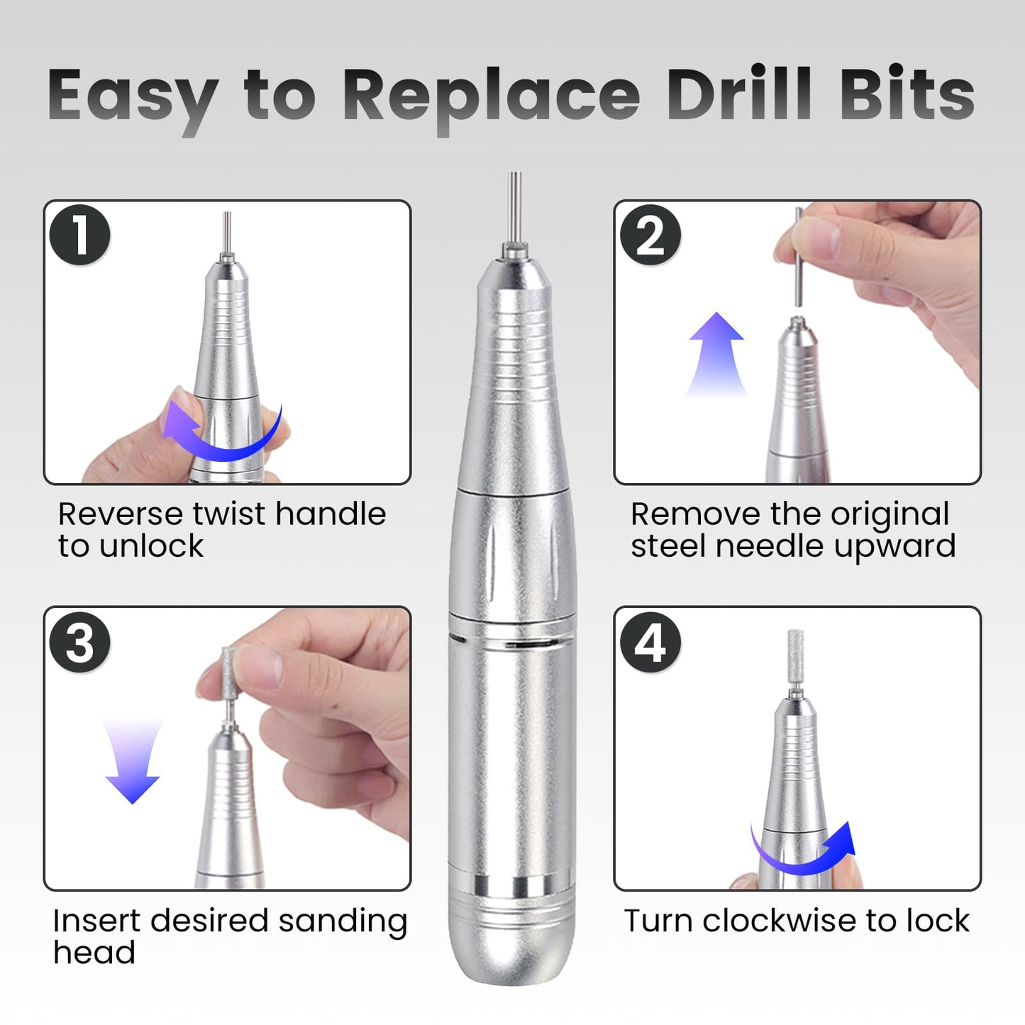 ESUOHYM 45000RPM Professional Cordless Portable Nail Drill Cordless Low Noise Nail Filer Electric Machine with Efile Bits & Base for Acrylic Nails, Nail Buffer Machine for Salon Home (Grey)