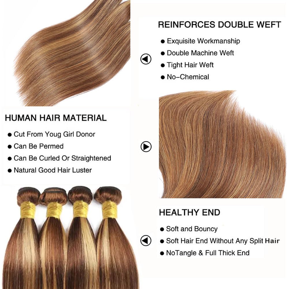 P4/27 Bundles Human Hair 4/27 Straight Bundle Ombre Human Hair Bundles 14 14 14 Inch Soft And Healthy Unprocessed Brazilian Remy Hair Extensions Honey Brown Bundle 3Pcs/Set