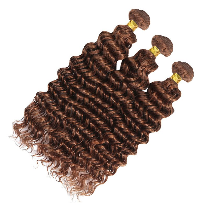#30 Deep Wave Human Hair Bundles 3 Bundles 10A Brazilian Virgin Hair Extensions Medium Brown Deep Curly Weave (10 12 14 Inch)