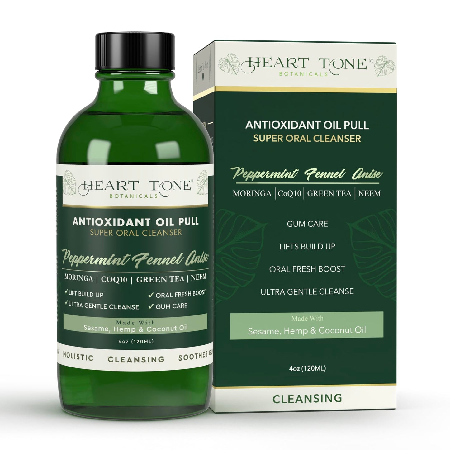 Heart Tone Botanicals Oil Pulling Oral Conditioner | Cold Pressed Sesame Neem Moringa Coconut Oil | 18 Botanical Extracts CoQ10 | Fluoride Free | Anise
