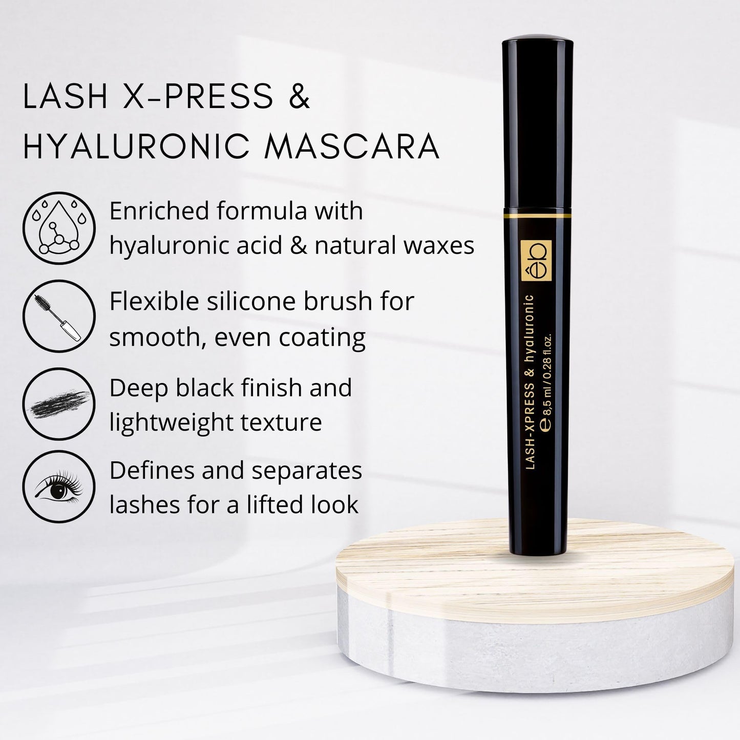 êb être belle Cosmetics Lash X-Press & Hyaluronic Mascara for Women, Conditioning Mascara with Hyaluronic Acid, Beeswax & Rice Bran Wax, Flexible Silicone Brush, Quick Dry Rimel Formula