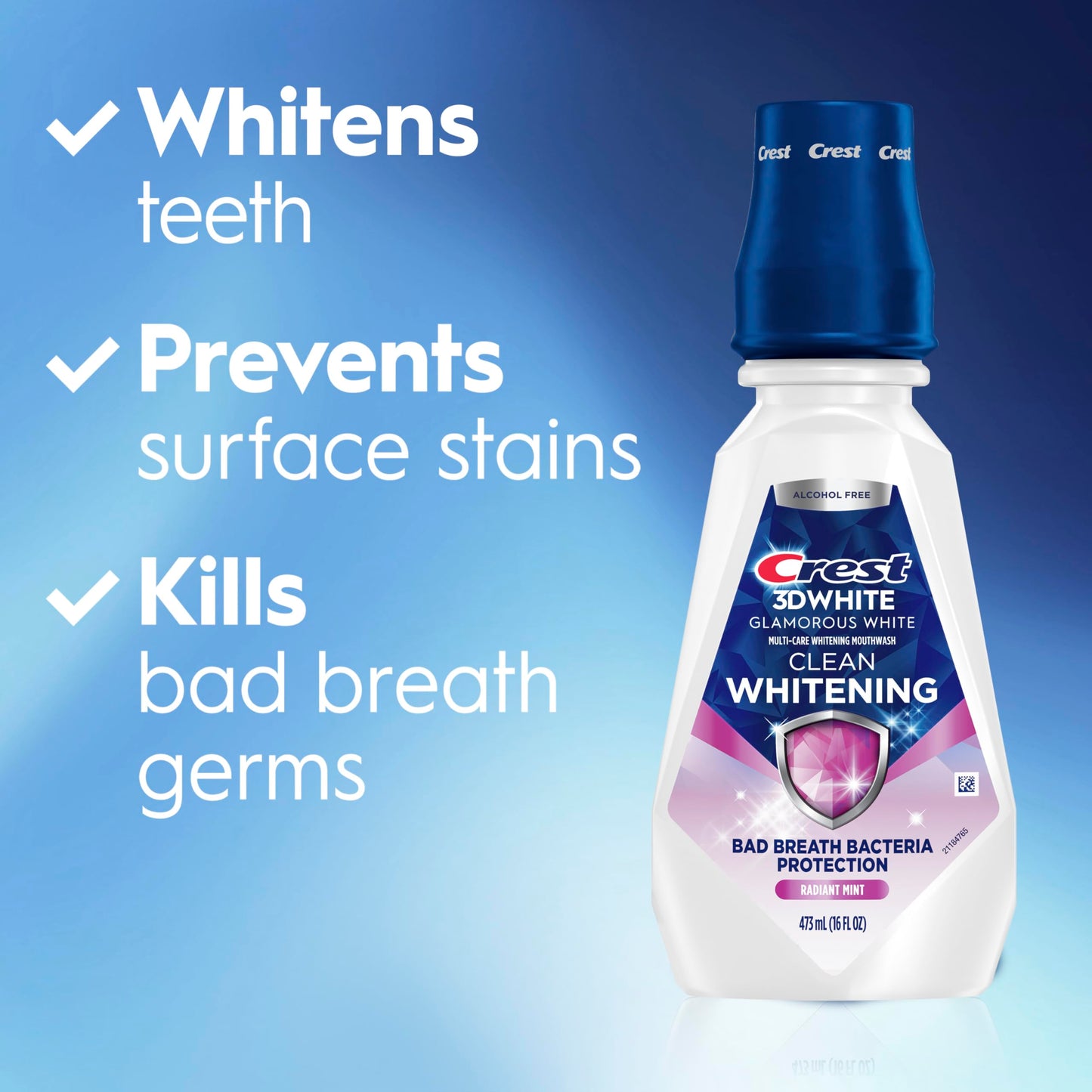 Crest 3D White Glamorous White Alcohol Free Multi-Care Whitening Mouthwash, Hydrogen Peroxide Mouthwash, Arctic Mint, 16 fl oz (473 mL) - Pack of 4, Crest Mouthwash