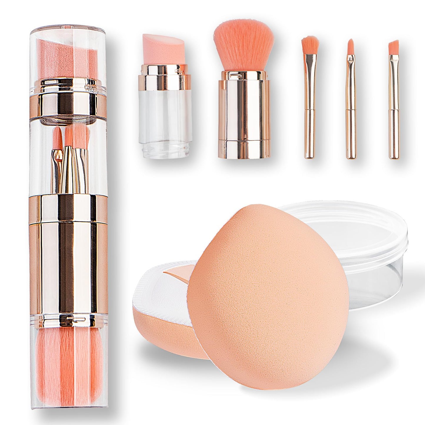kullder Travel Makeup Brush 5 in 1 Makeup Brush set Blend Sponge Eyebrow Eyeshadow & Blush Brushes for Foundation Concealer Double Ended Makeup Brush with Powder Puff Ideal Womens Gifts
