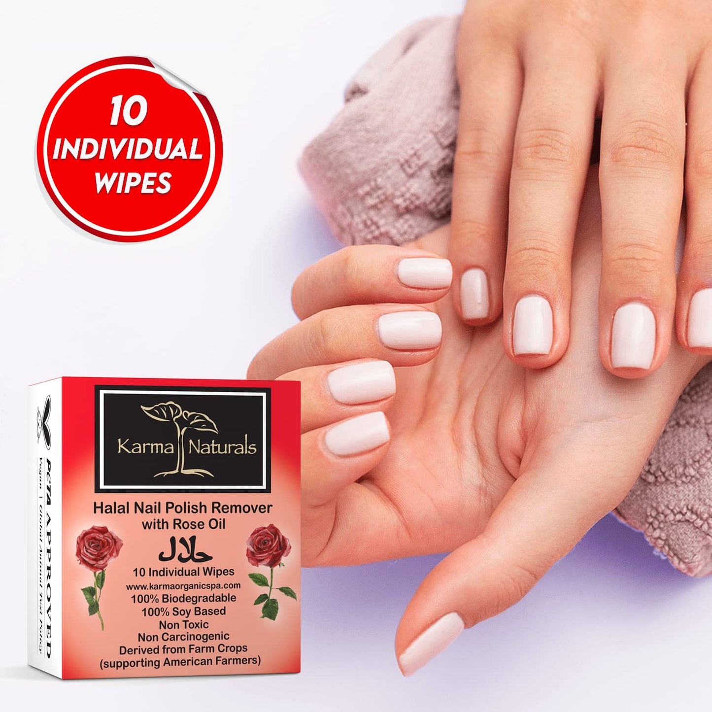 Karma Halal Nail Polish Remover Wipes with Rose Oil; Non-Toxic, Vegan, Cruelty-Free – Pack of 10