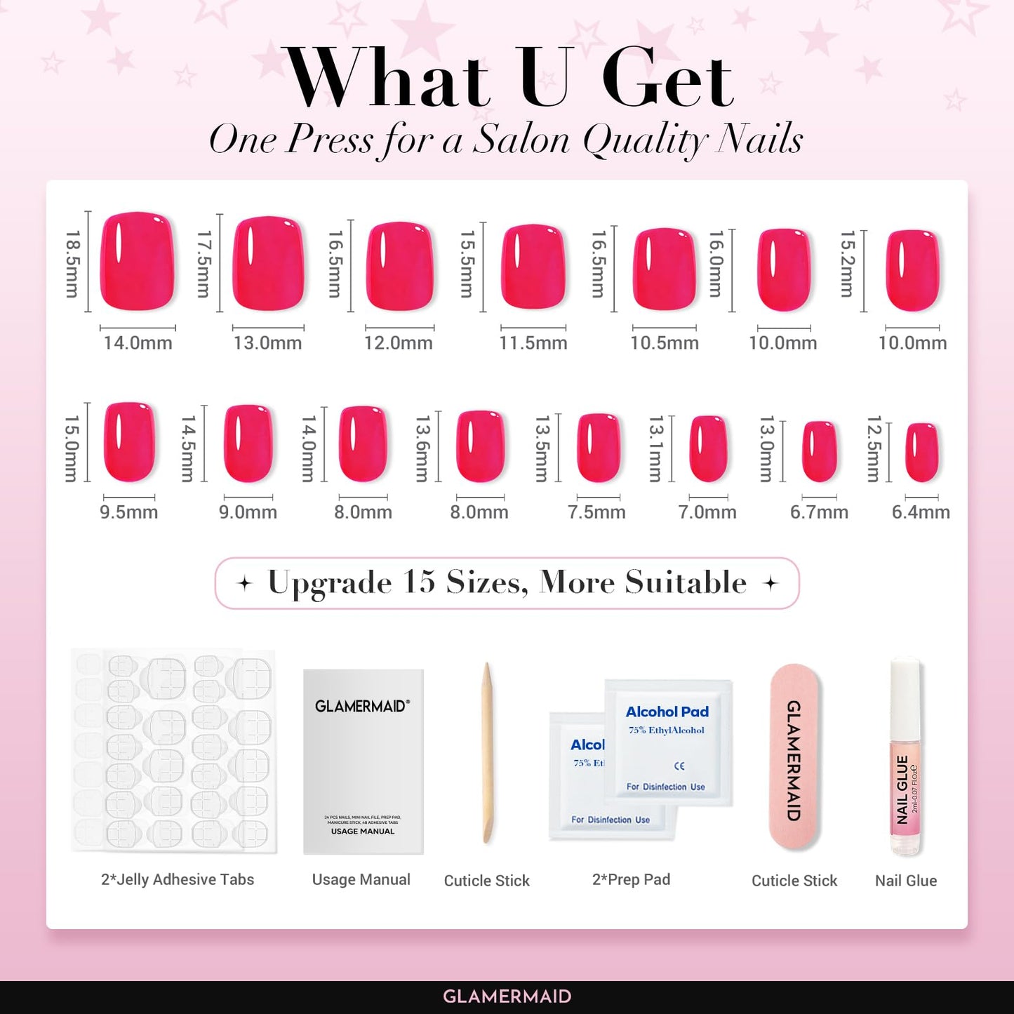 GLAMERMAID Hot Pink Short Press on Nails, Bright Extra Short Squoval Glue on Nails for Women, Spring Summer Square Jelly Soft Gel Fake Nails, Round Reusable Acrylic False Nails Manicure Kit for Women