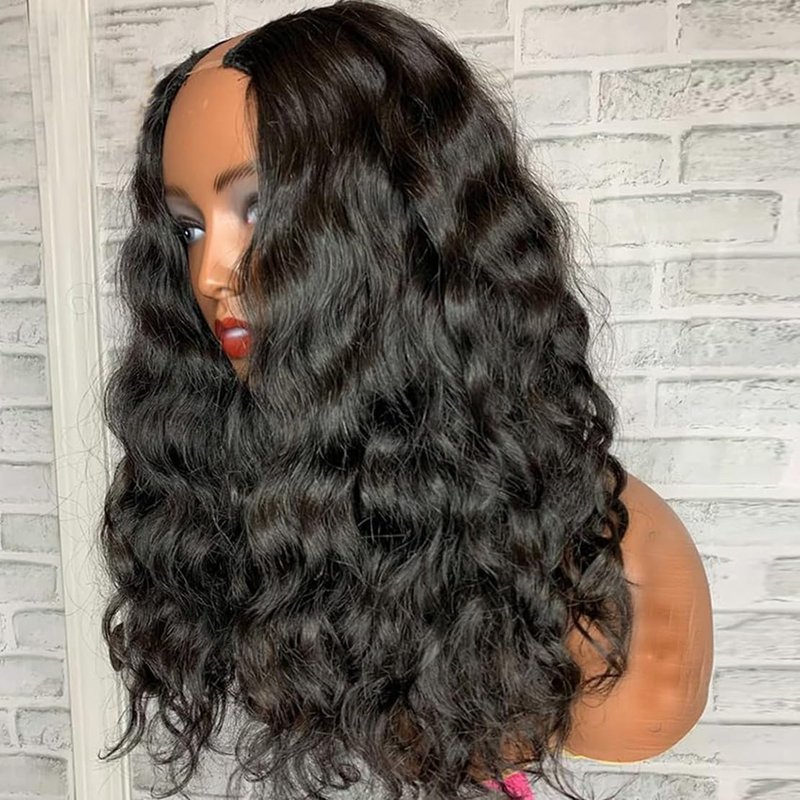 Emistar Water Wave Black V Part Curly Wig Loose Wavy Wig Upgrade U Part Synthetic Wigs for Black Women Full Head Clip In Hair Glueless Hair Replacement Synthetic Wigs (Black, 20 Inch)