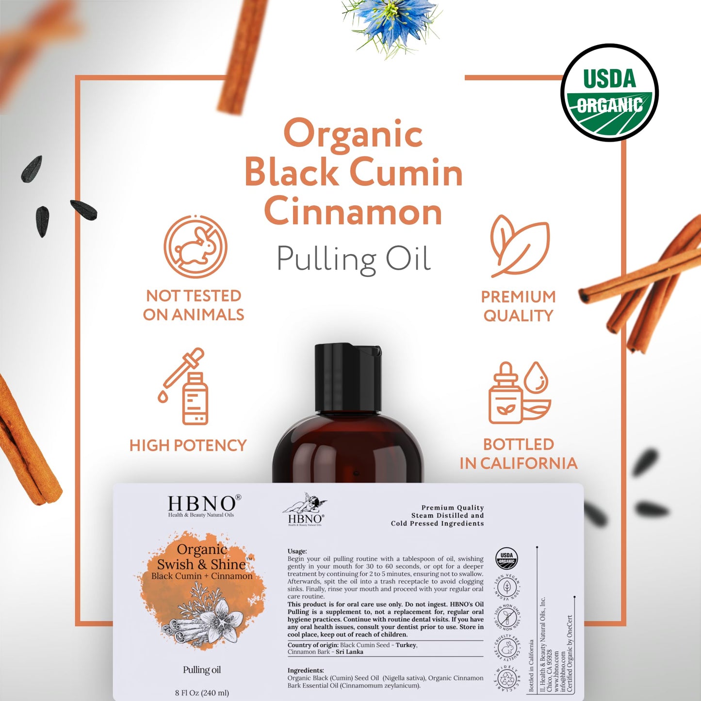 HBNO Black Cumin & Cinnamon Bark Pulling Organic Oil 8oz (240ml) Value Size - Ideal for everyday use as a mouth freshener