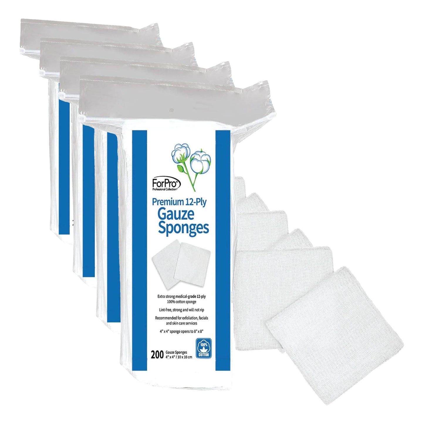ForPro Professional Collection Premium 12-Ply Gauze Sponges, 100% Cotton, Lint-Free, Non-Sterile Cotton, for Cosmetic and Medical Use, 4” x 4”, 200-Count (Pack of 4)