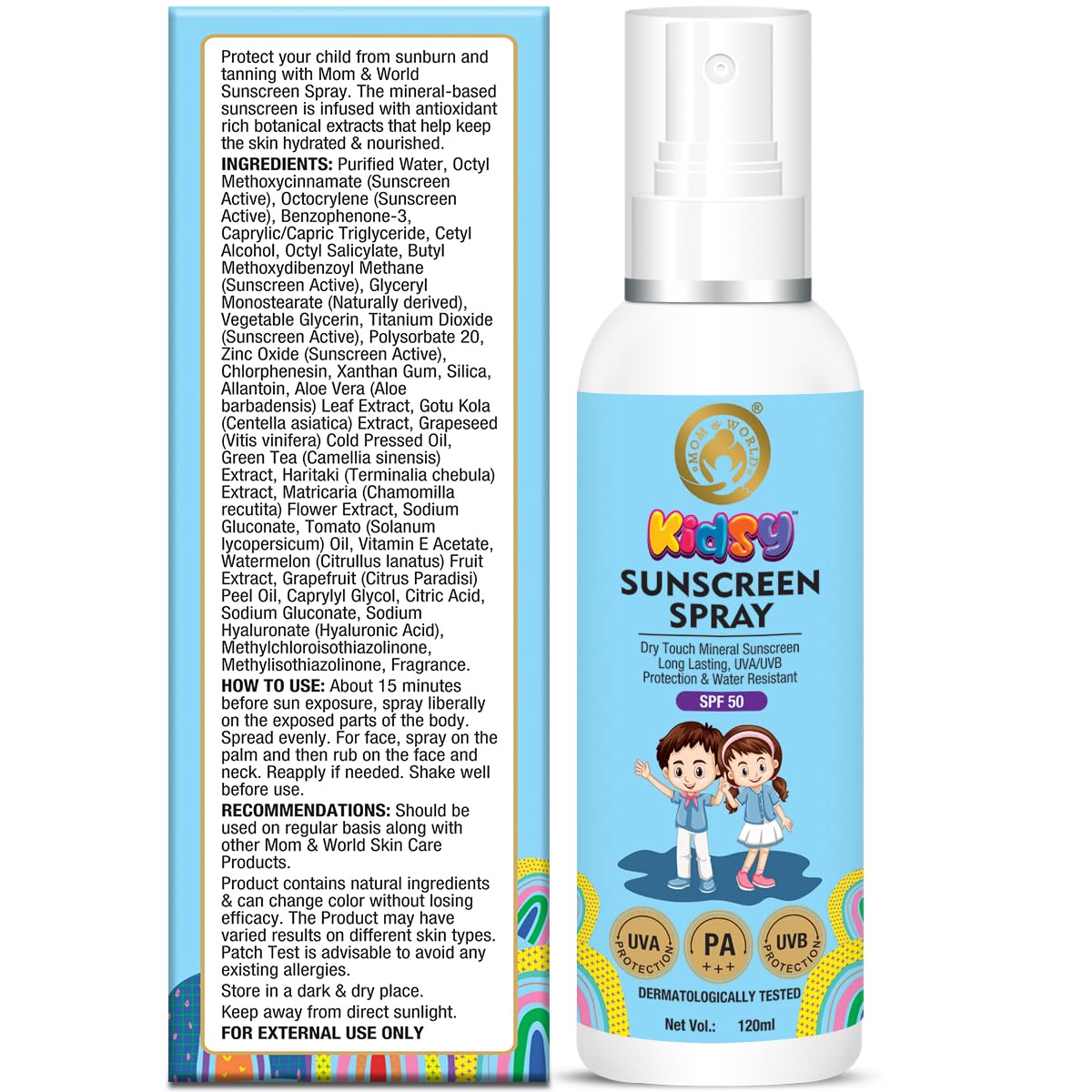 Mom & World Mineral Based Kids Sunscreen Spray SPF 50, Water Resistant, UVA/UVB PA+++, 120ml - Safe for Baby and Kids