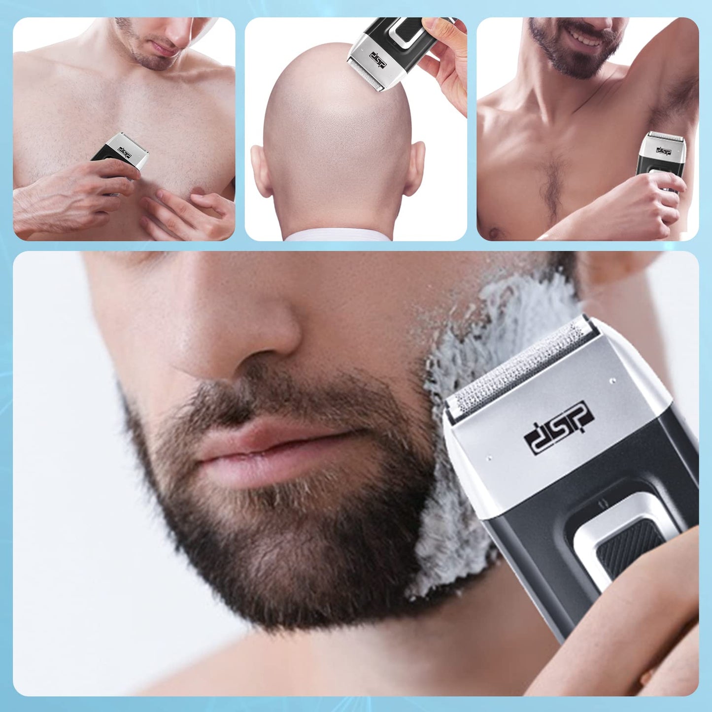 DSP Electric Razor for Men - 2 in 1 Bald Shaver with 2 Foil Head and Precision Trimmer - Rechargeable 3-Speed Barber Shaver with LED Digital Display (Silver)