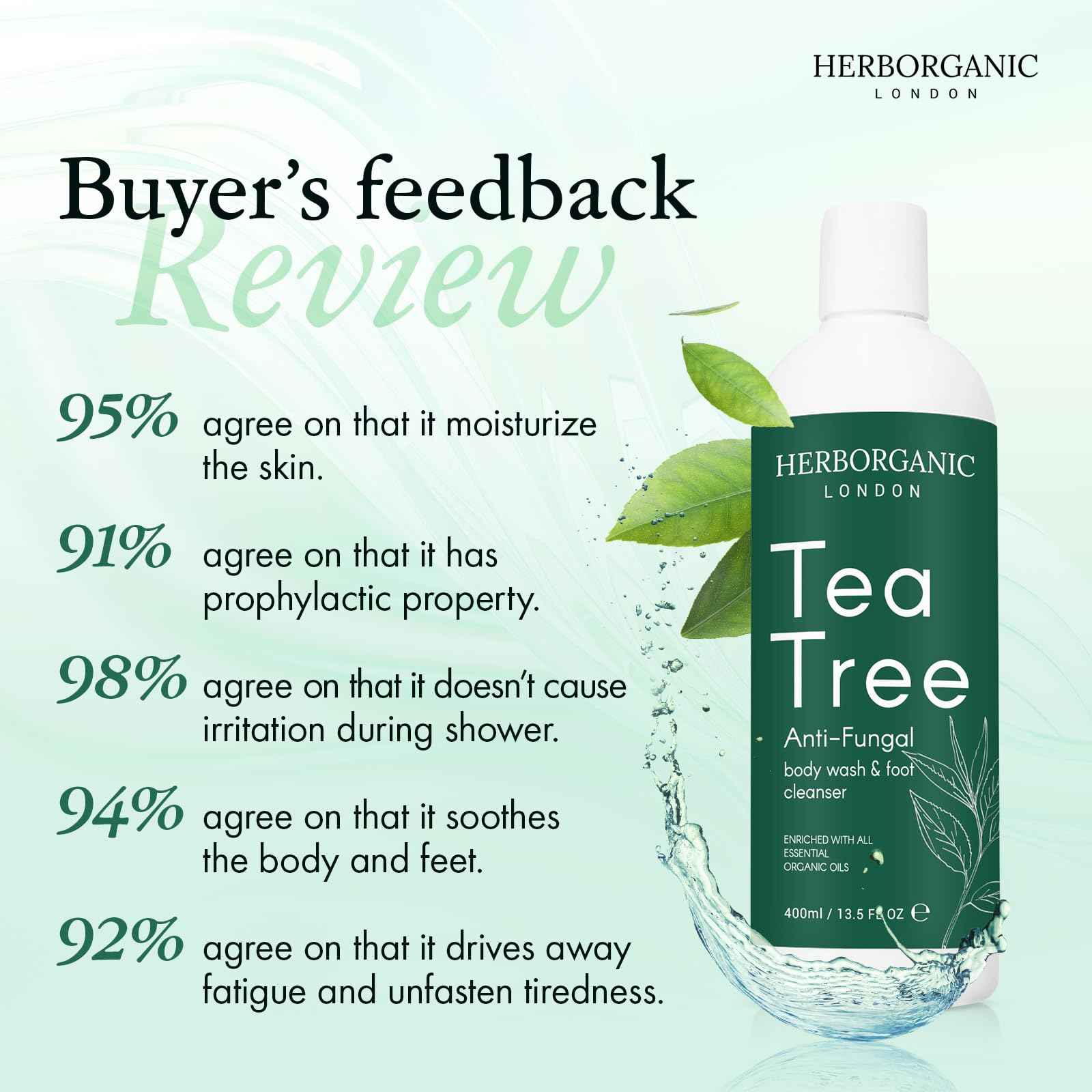 HERBORGANIC Tea Tree Body Wash - 400ml - Body Wash - Vegan, Odor and Foot Cleansing Shower Gel