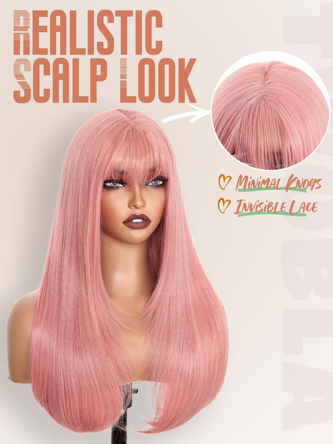 Twobla 26 Inch Pink Wig with Bangs | Long Pink Layered Wig for Women | Realistic Scalp, Freestyle Parting | Heat Resistant, Wear & Go, No Glue Needed | Straight Synthetic Wigs for Cosplay & Daily Use