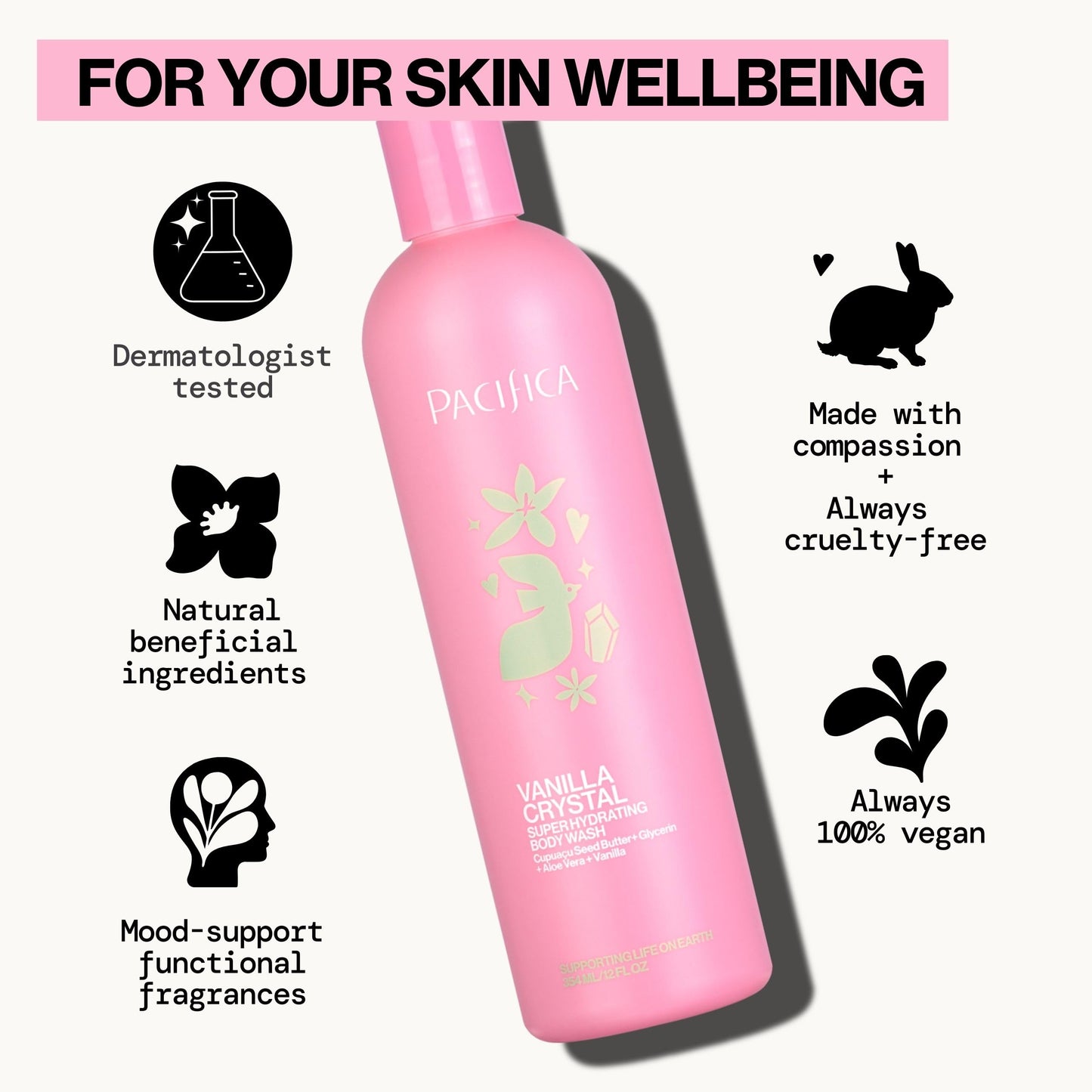 Pacifica Body Wash - Vanilla Crystal Super Hydrating Body Wash - Bath & Shower Gel - Clean Beauty, Vegan & Cruelty-Free Dermatologist Tested