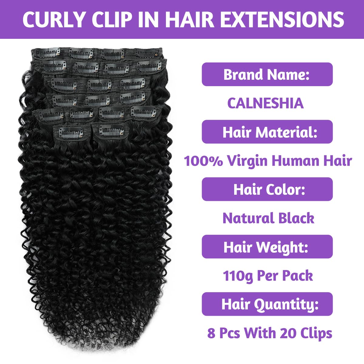 3C 4A Curly Clip In Hair Extensions Real Human Hair 18 Inch 110g 8pcs Kinky Curly Clip Ins Full Head for Black Women 100% Brazilian Remy Human Hair Extensions Natural Color with 20 Clips