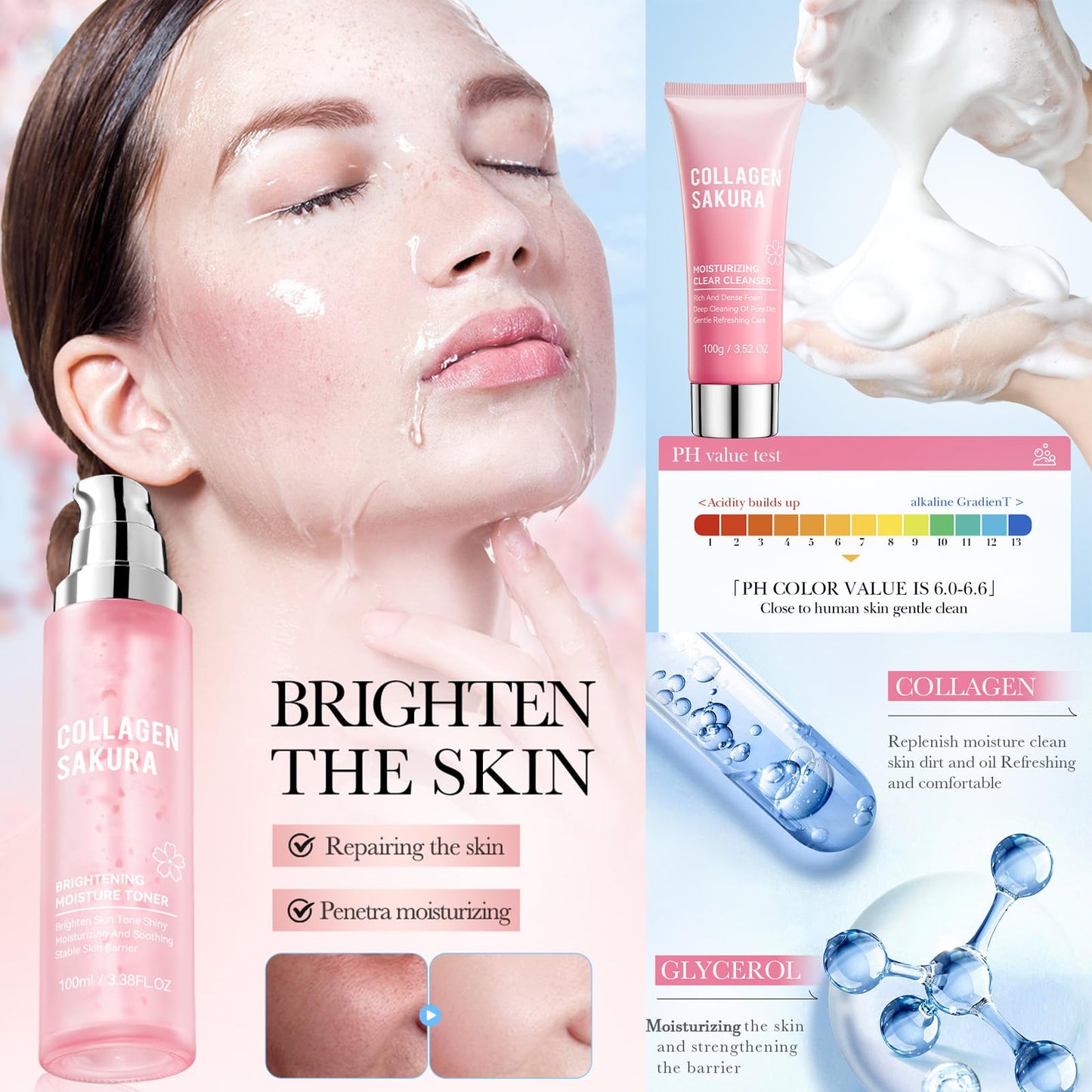 Sakura Skincare Kit, 11Pcs Skin Care Set with Cleanser, Toner, Serum, Cream, Eye Cream, Lip Balm & Masks. Skincare Gift Set for Teens & Women, Moisturize & Smooth Skin (11Pcs, Cherry)