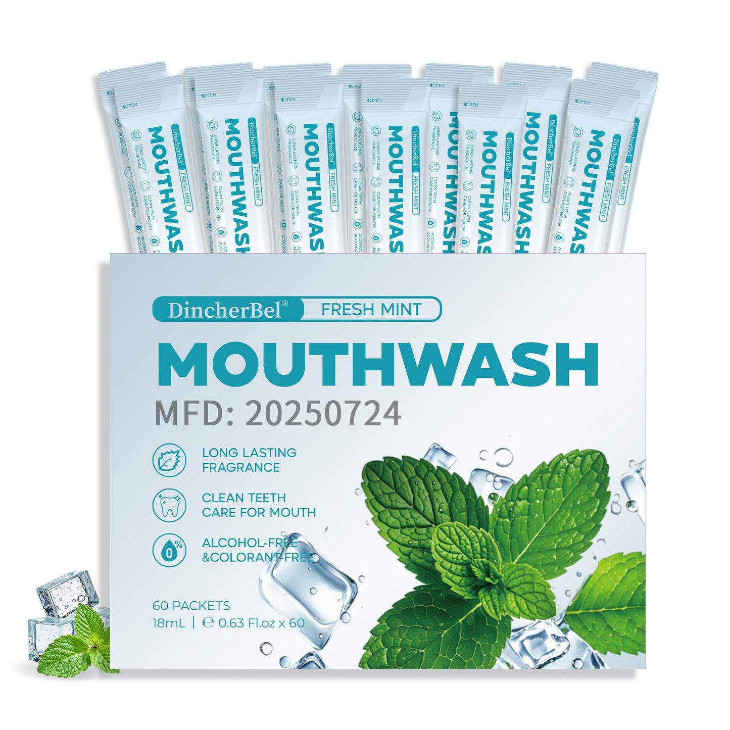 Dincherbel Travel Mouthwash Packets (60 Count) - Alcohol & Fluoride Free Natural Mint Mouth Wash - TSA Approved Individual Packets - Portable, Leak-Proof Sachets for Bad Breath, Gum Health & Dry Mouth