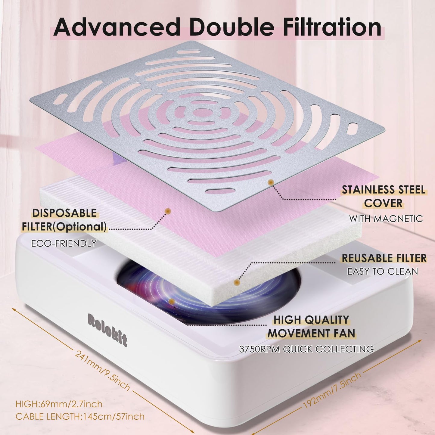 Nail Dust Collector with Lamp&50pcs Disposable Filter&Dusting Brush, Electric Nail Vacuum Cleaner Dust Fan Suction Machine for Manicure Acrylic Gel Nails Polishing, Low Noise,Salon Home