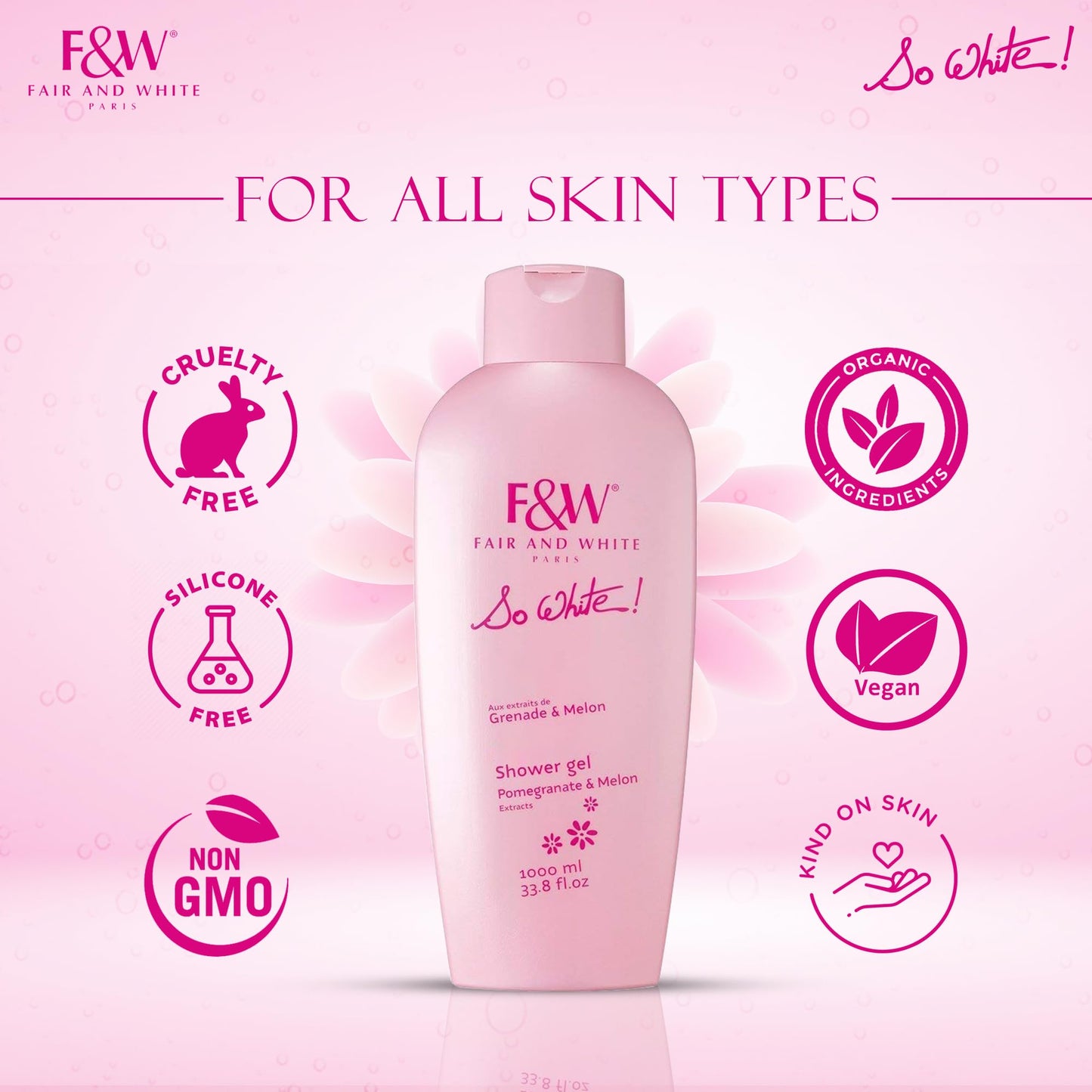 FAIR & WHITE So White Refreshing Brightening Body Wash - 1000ml / 33.8 fl oz - Daily Moisturizing Skin Shower Gel, with Pomegranate & Melon Extracts
