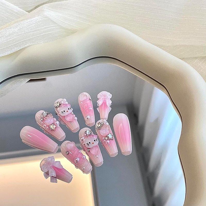 Press On Nails - 24 Pcs Long Kawaii Light Pink Gel Nails for DIY Manicure | Perfect for Girls