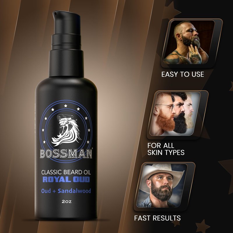Bossman Organic Mustache & Beard Oil for Men, 2 oz – Natural Beard Moisturizer with Jojoba, Argan & Avocado Oils (Royal Oud Scent)