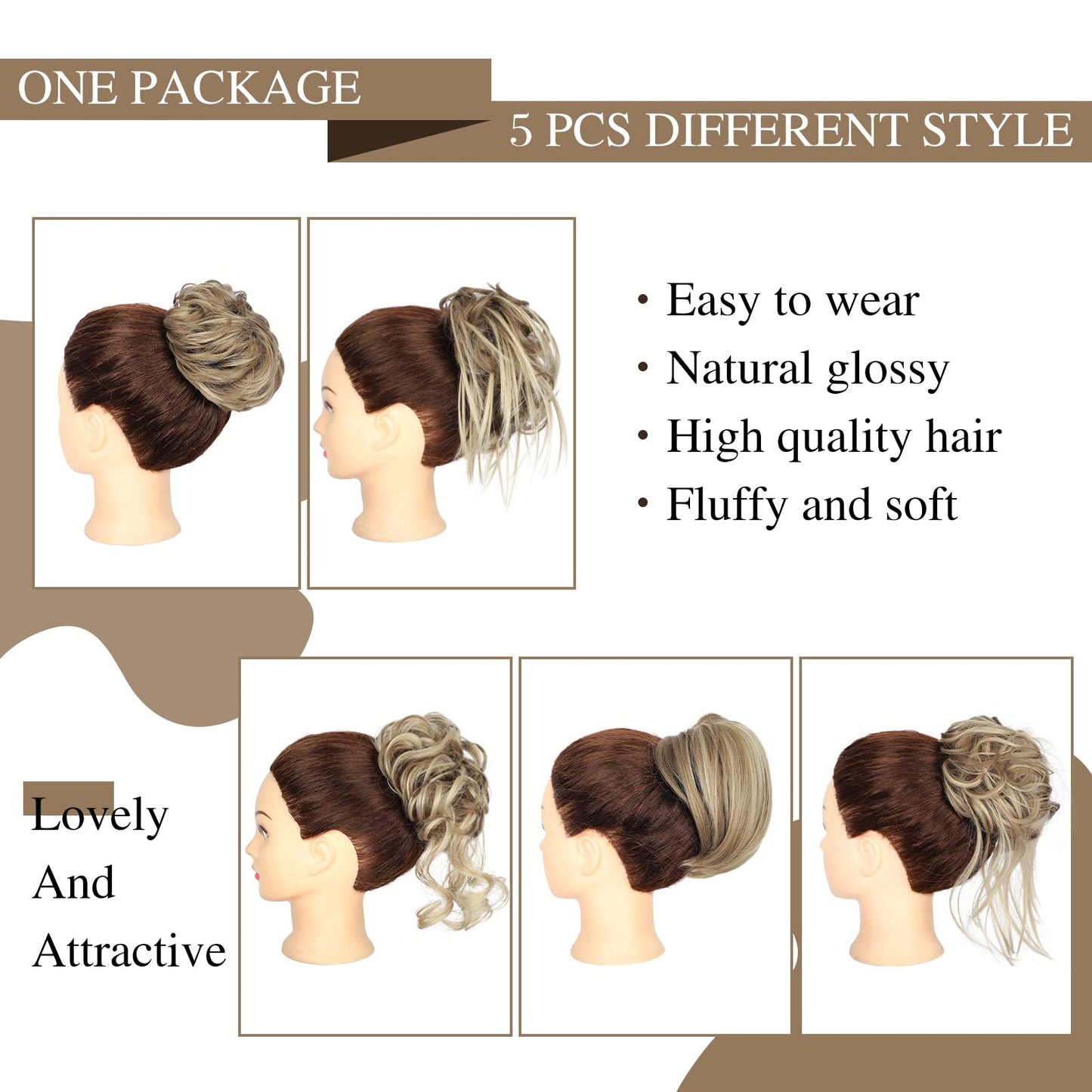 HMD 5 Pieces Messy Hair Bun Hairpiece Tousled Updo for Women Hair Extension Ponytail Scrunchies with Elastic Rubber Band Long Updo Messy Hairpiece Hair Accessories Set for Women（18TH85）