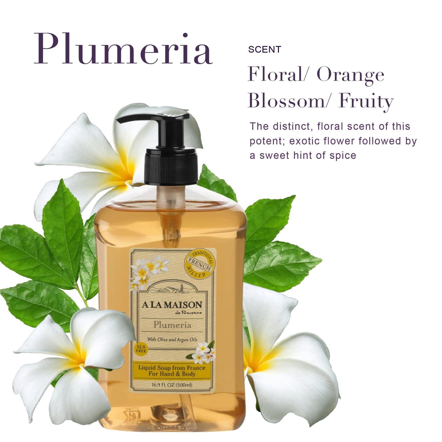 A LA MAISON Plumeria Natural Hand Wash Made with Essential Oils - Biodegradable, Plant-Based, Vegan, Cruelty-Free (16.9 Fl Oz, 2 Pack)