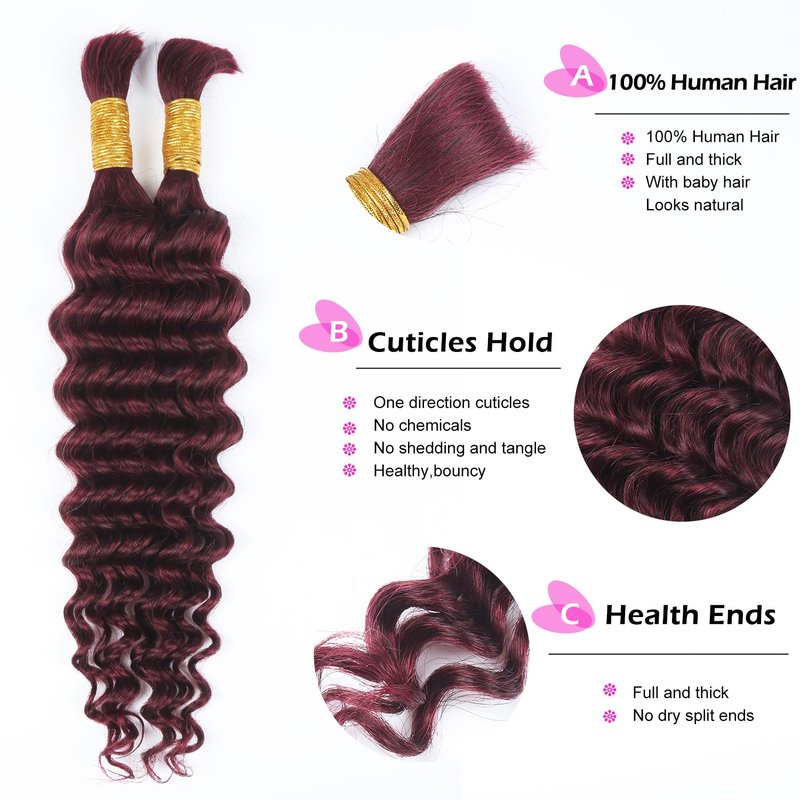 Human Braiding Hair - Deep Wave Curly Bulk Extensions for Boho Braids | 22 Inch Burgundy 100g Brazilian Virgin Hair