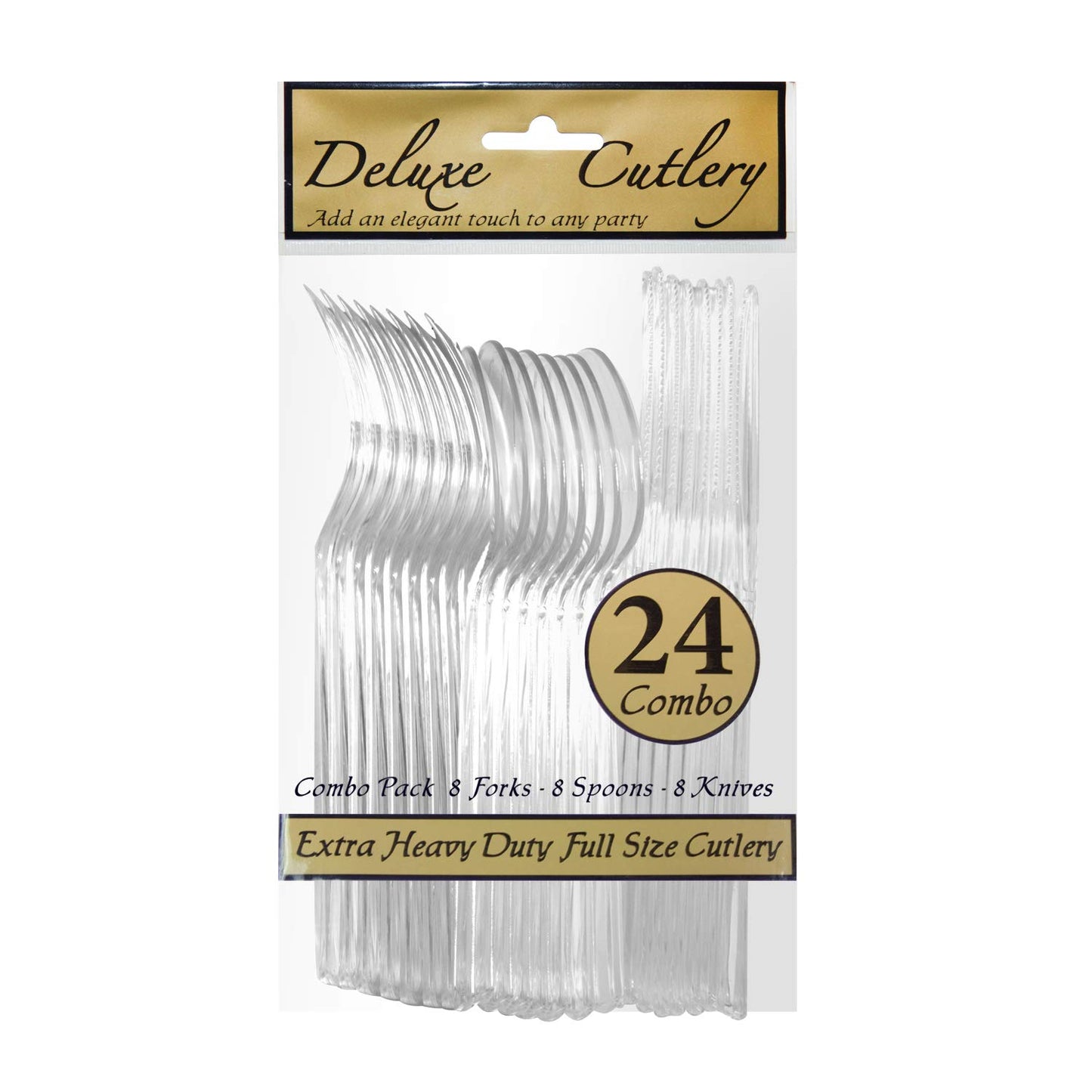 Party Essentials Extra Heavy Duty Hard Plastic Cutlery Combo Pack and Full Size Knives/Forks/Spoons, Clear, 8 Place Setting-Count