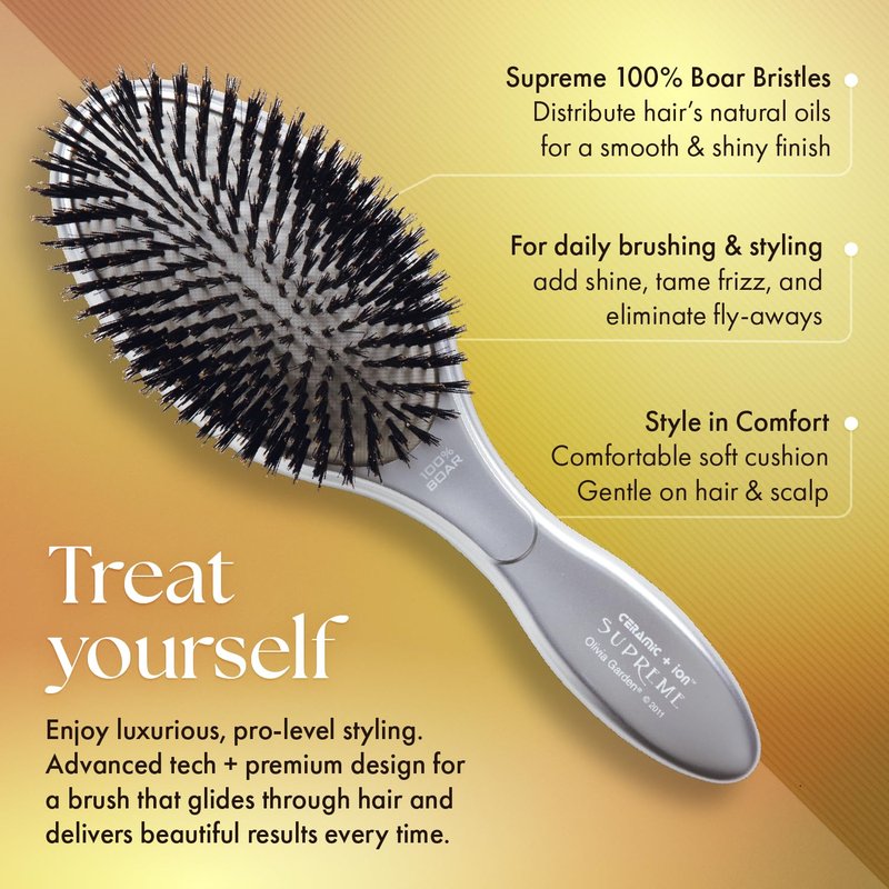 Olivia Garden Ceramic + Ion Supreme Paddle Hair Brush for Men and Women - Professional Boar Bristle Hair Brush for All Hair Lengths - Frizz-Free Results