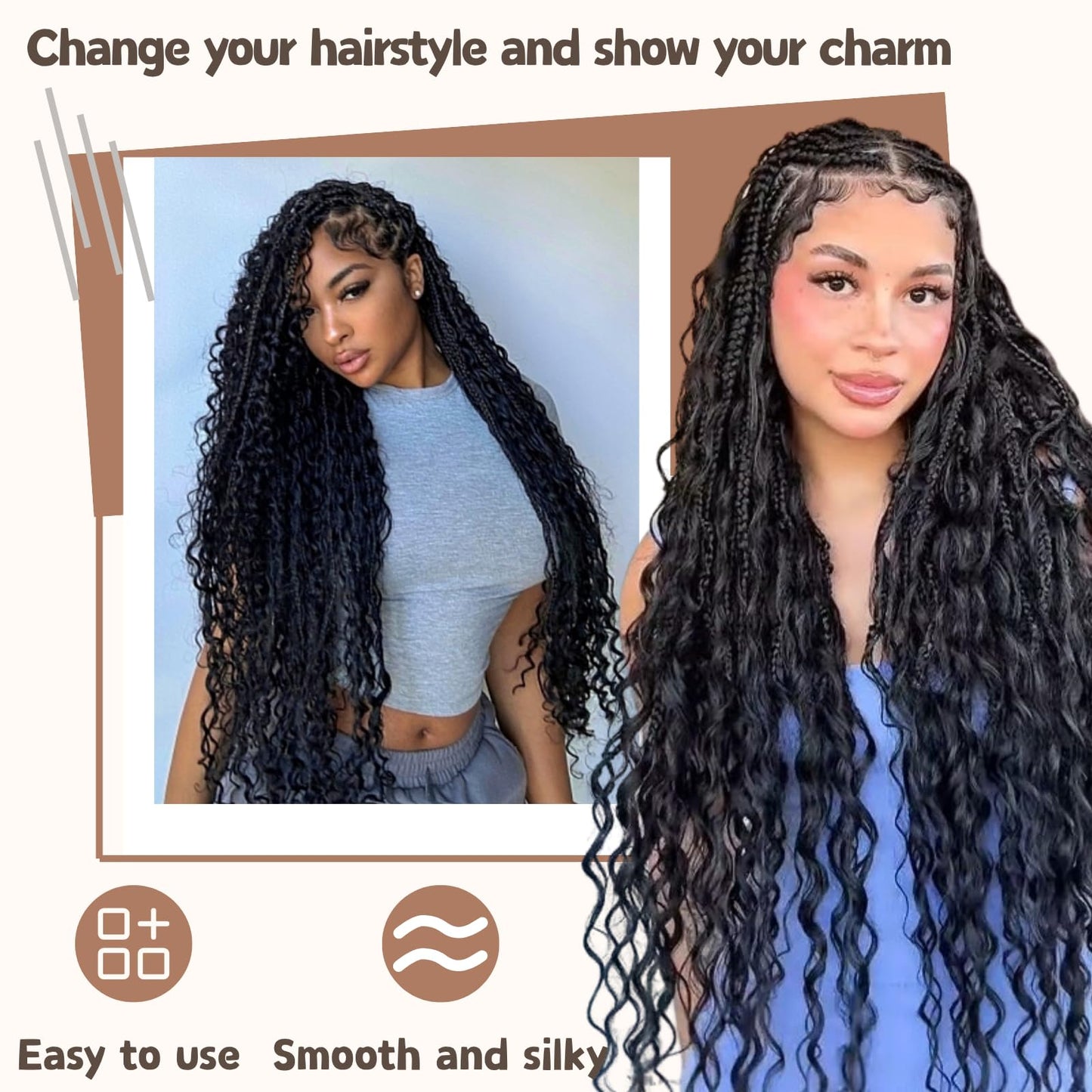 Boho Hair for Braiding, 6 Bundles 24 Inch Deep Wave Bulk for Boho Braids No Weft 200G Curly Bohemian Wet and Wavy Braiding Hair Extensions,(1B/grey#)