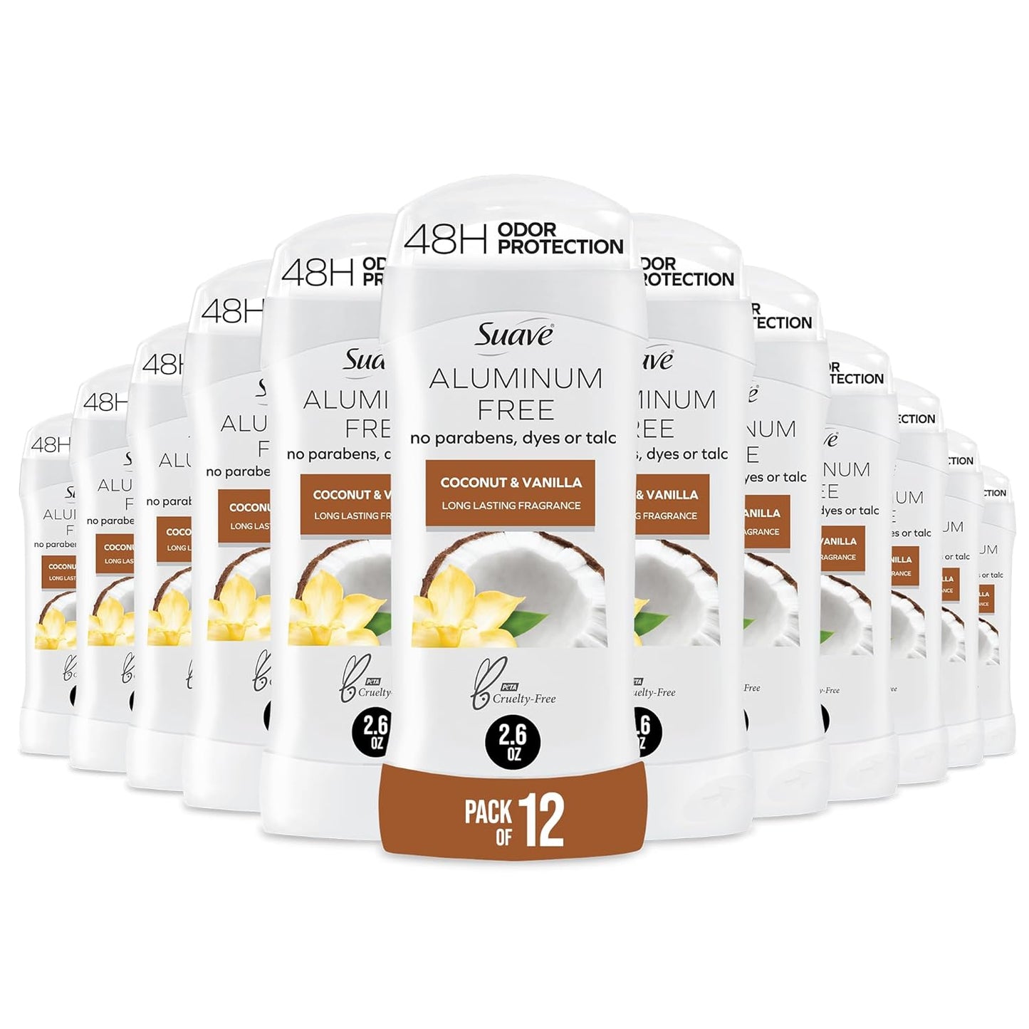 Suave Aluminum-Free Deodorant for Women - Coconut & Vanilla Scent | 48-Hour Odor Protection, 2.6 oz (Pack of 12)