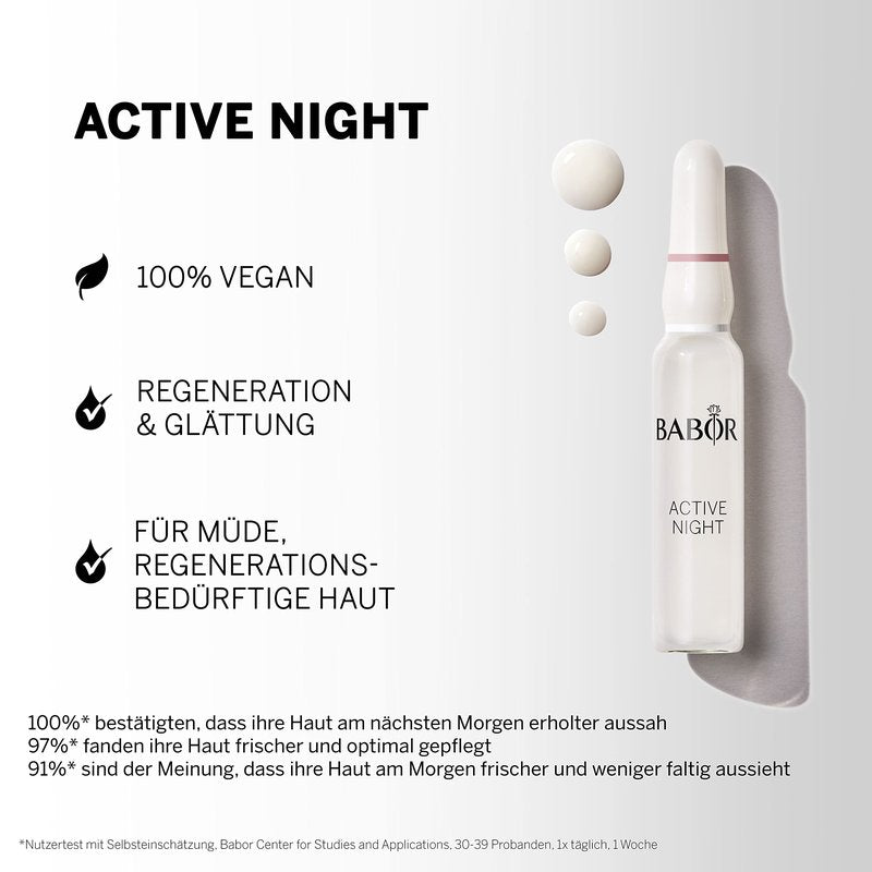 BABOR Active Night Ampoule Serum Concentrates, Hyaluronic Acid, Hydrating Night Treatment for Dry and Damaged Skin, Moisturizing 7 Day Treatment