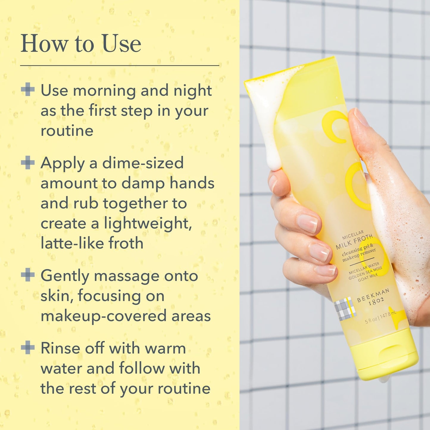 Beekman 1802 Micellar Milk Froth Face Wash – Hydrating Gel to Foam Facial Cleanser & Makeup Remover with Goat Milk & Golden Sea Moss, Gentle Foaming Face Wash for Sensitive Skin, 5 Fl Oz