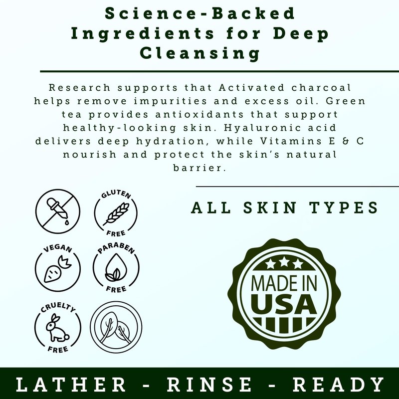 Andre Seals Mens Face Wash | Facial Cleanser with Activated Charcoal, Hyaluronic Acid & Green Tea | Exfoliate, Deep Pore Cleansing & Hydrating Facial Cleanser | Exfoliating Face Wash | Mens Skin Care
