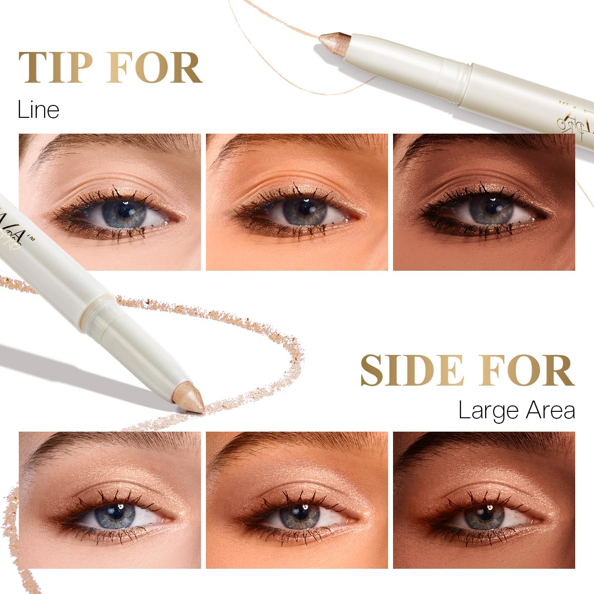 LUXAZA PRO 2PCS Eyeshadow Makeup Stick, Cream Shimmer, Eyeshadow Highlighter Makeup Eye Brightener Pencil Sticks Cosmetics, with Built-in Brush and Sharpener, S1M2 Caramel-latté