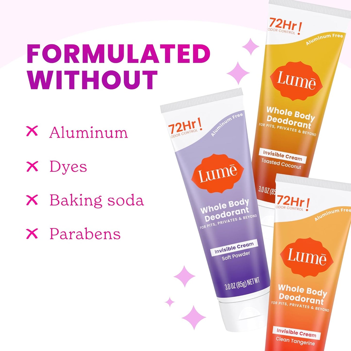 Lume Whole Body Deodorant - 72-Hour Odor Control Cream | Aluminum-Free, Skin Safe - 3 Pack (Toasted Coconut, Soft Powder, Clean Tangerine)