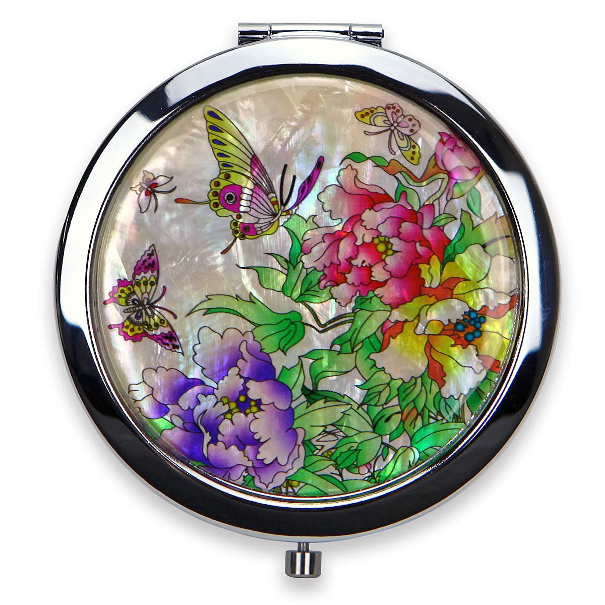 Compact Mirror–Mother of Pearl Magnifying Mirror–One-Touch Travel Makeup Mirror–Elegant Handheld Mirror with Floral Design–Dual-Sided Portable Mirror–Traditional Korean Painting(Butterfly TreePeony)