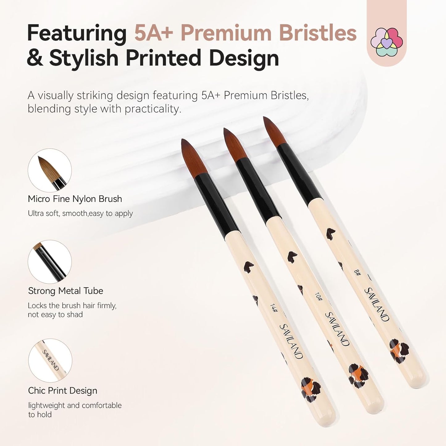 Saviland 3pcs Acrylic Nail Brush Set, Size 8/10/14 Kolinsky Acrylic Nail Brushes for Acrylics Application, Acrylics Powder Nails Art Extension with Black & White Handle for Beginner & Professional