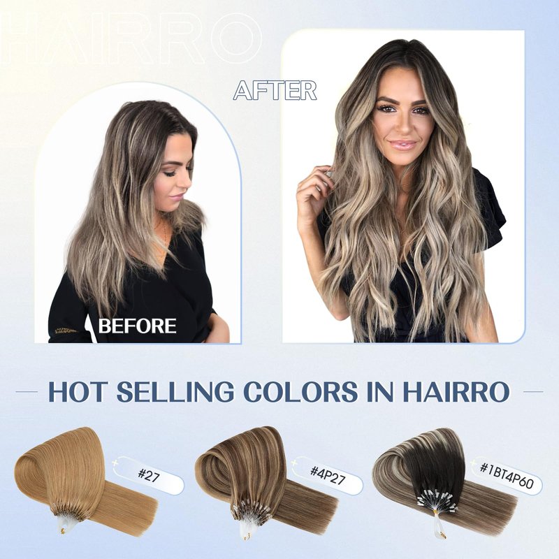 Hairro Micro Loop Hair Extensions Human Hair Microlinks Microbeads Remy Hair For Women Ombre Highlights Pre Bonded Cold Fusion Micro Bead In Hair 14 Inch 50g 50 Strands #1BT4P60