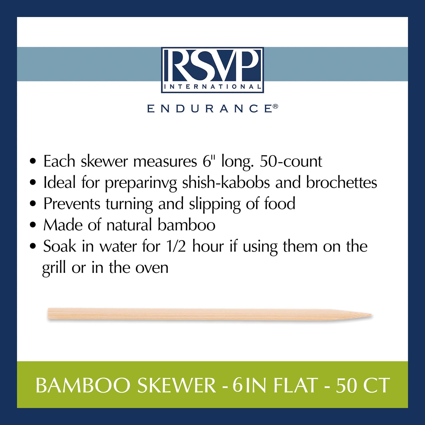 RSVP International Bamboo Barbecue Skewers, Flat, 50-Count, 6"