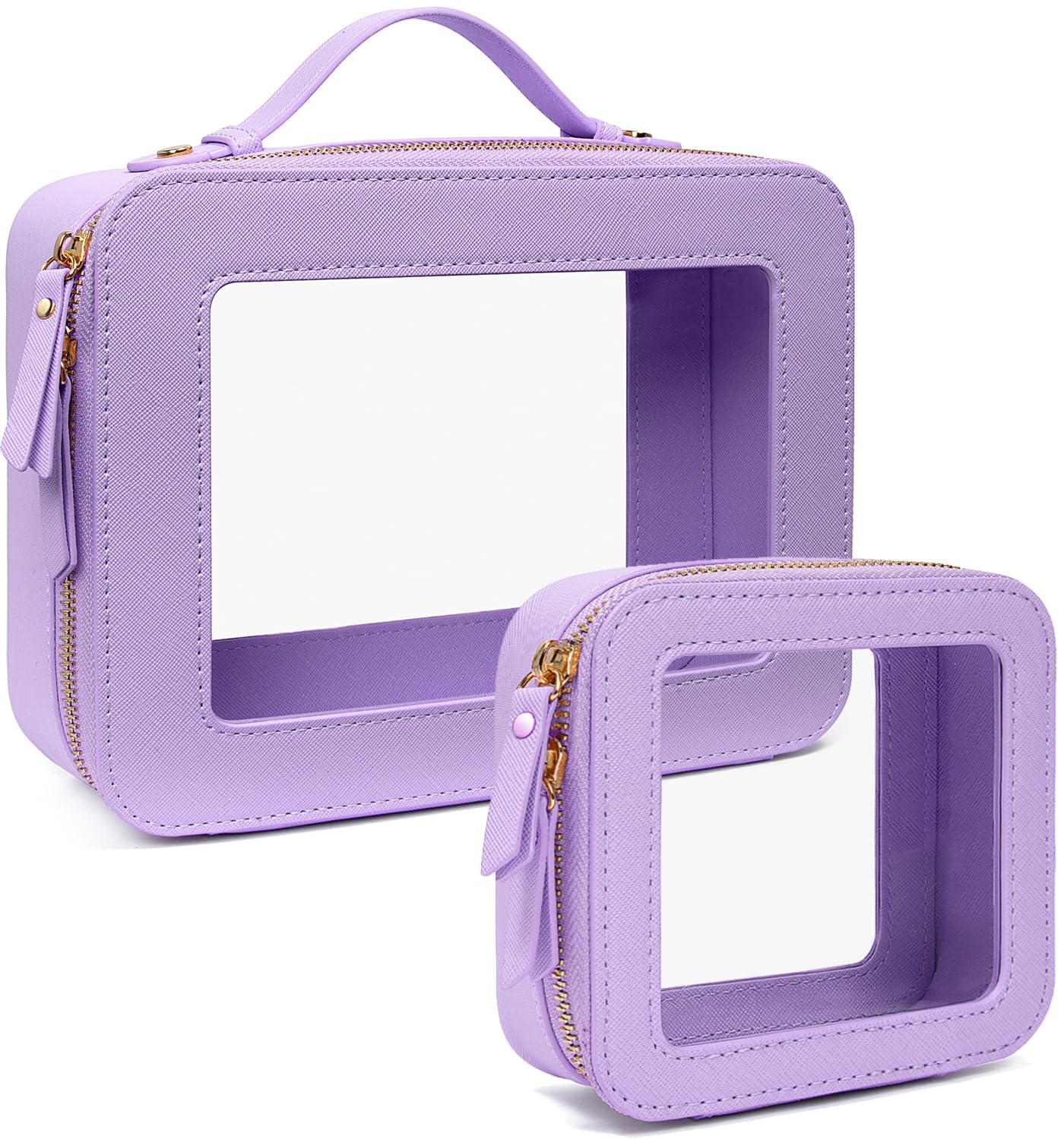 Clear Makeup Bags TSA Approved Toiletry Bag with Handle Large Opening, Clear Toiletry Bags for Carry-on Traveling Travel Car Essentials Orangizer Storage, Leather Cosmetic Bag (Purple, Mini&Large)
