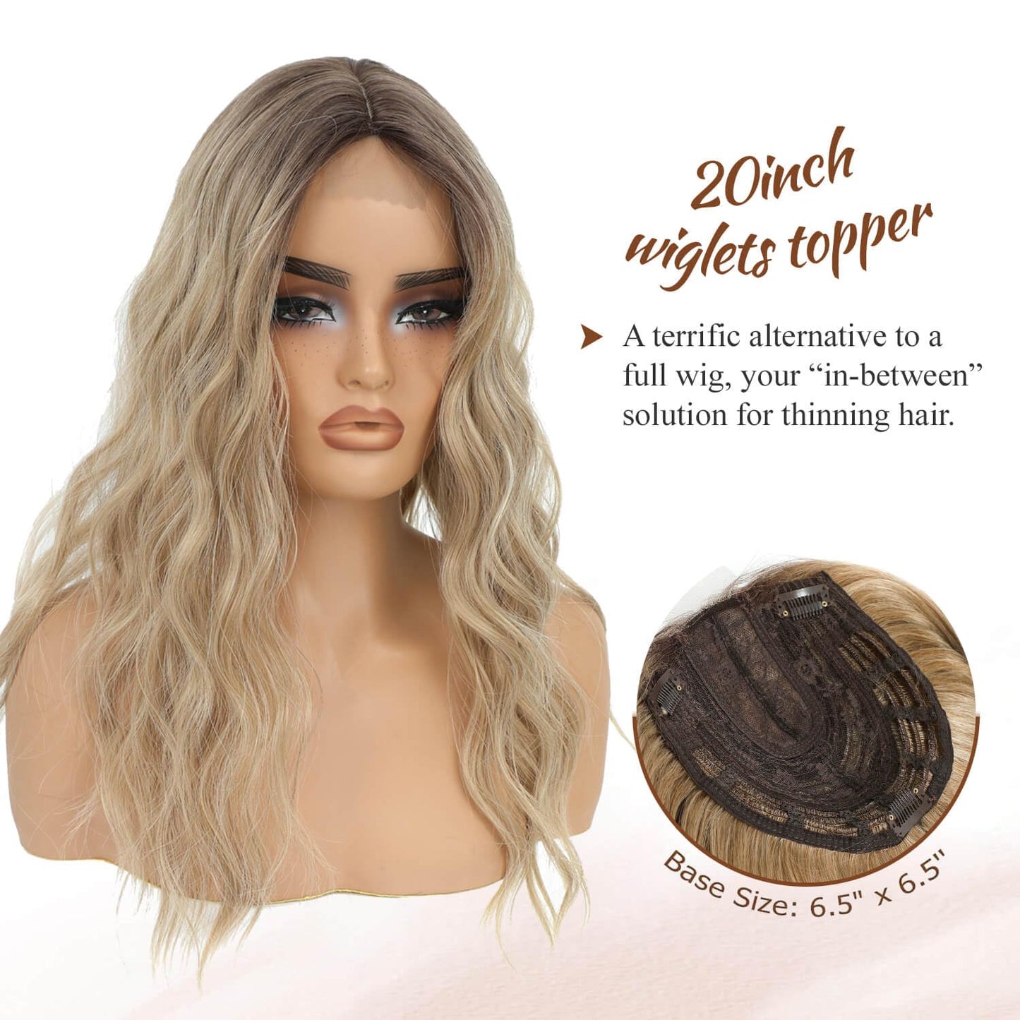 MORICHY Hair Topper for Women with Thinning Hair 20inch Long Wavy HairToppers with Bangs 6.5"x6.5" Large Base Synthetic Wiglets Ombre Dark Blonde