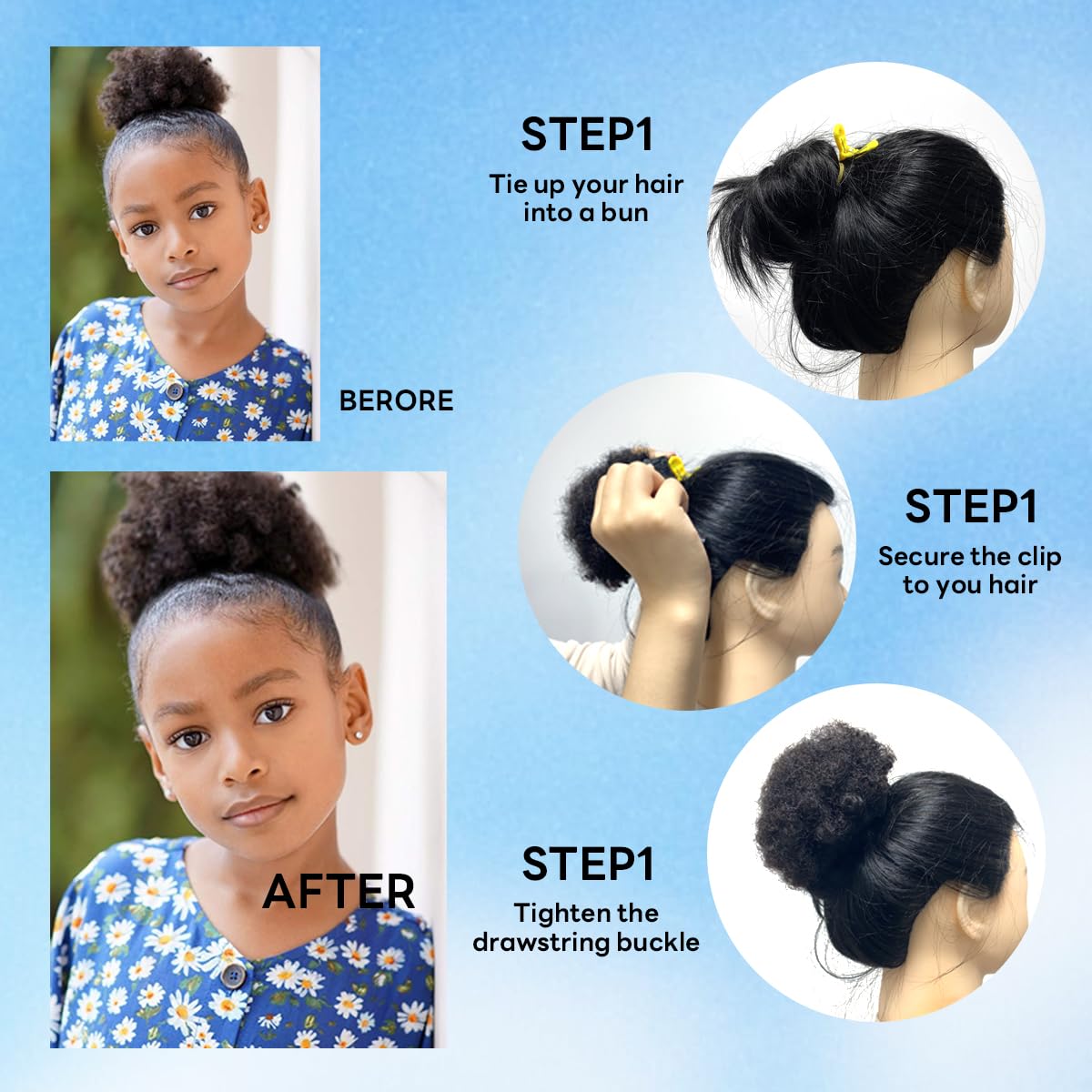 Voluminous Afro Puff - 100% Human Hair Drawstring Ponytail | Heat-Resistant Kinky Curly Extension (8in, Natural Black 1B#)